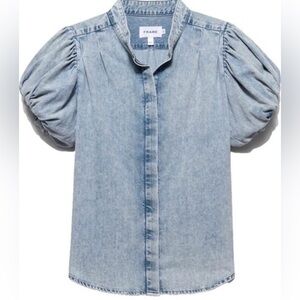 Frame Denim light blue button down with short ruffle sleeve